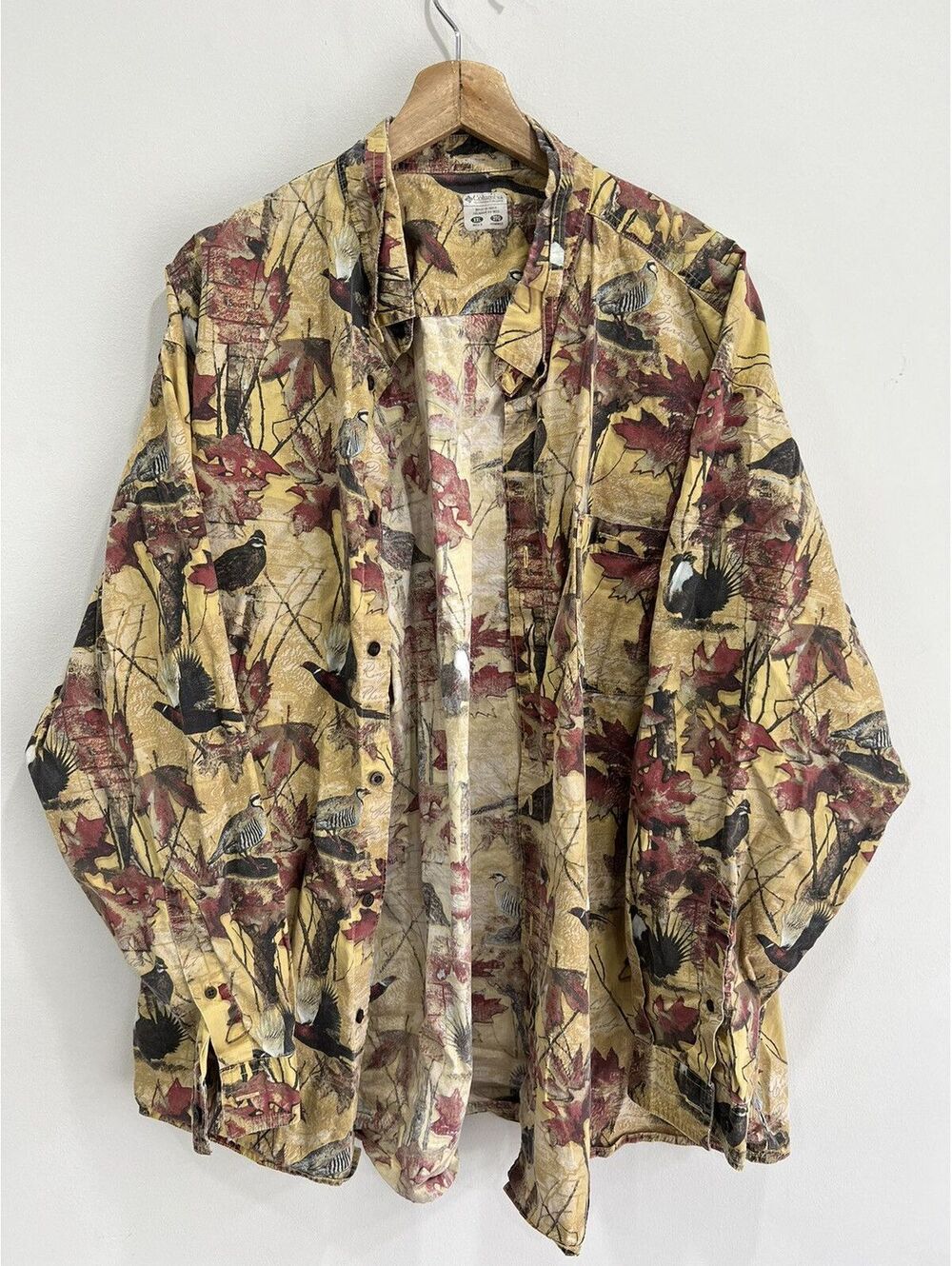 Vtg Columbia All Over Print Leaf Birds Button Up Shirt xxl